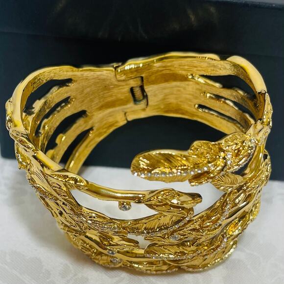 Rachel Zoe Hinged Cuff Bracelet Crystals Leaf Branches Gold Tone Leaf Branch - Picture 5 of 14